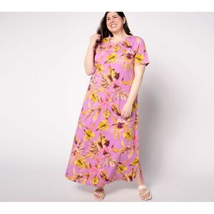 Denim & Co. Women's Petite Dress PL Beach Short Sleeve Maxi Blue A511190